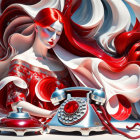 Vibrant artwork of woman with red hair, blue skin, and telephone