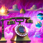 Vintage Telephone with Surreal Clouds, Burning Trees, and Planets