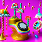 Colorful Surreal Composition with Yellow Rotary Phone and Floating Confections