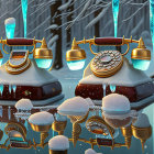 Vintage Rotary Telephones Covered in Snow and Icicles in Snowy Forest Scene