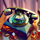 Multicolored Crystal Rotary Phone on Reflective Surface with Gemstones and Candlesticks