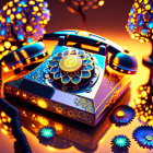 Vintage ornate telephone in mystical setting with glowing trees