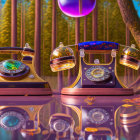 Vintage telephones in surreal forest with purple orbs and reflective surfaces