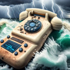 Vintage Rotary Telephone Floating on Stormy Ocean Waves Amid Lightning