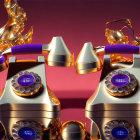 Vintage Rotary Phones with Gold and Purple Accents Surrounded by Jewelry on Red Background