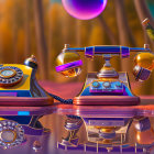 Vintage telephones on books in surreal autumn forest with purple orbs, reflective surface, and warm lighting