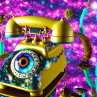 Surreal vintage yellow telephone with eyeball dial in vibrant space.