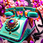 Vintage Telephone with Psychedelic Colors and Flowers on Purple Surface