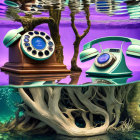 Surreal artwork: vintage phone, lamp underwater with tree reflecting above