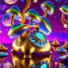 Colorful Psychedelic Artwork: Golden Vintage Telephone & Mushroom Cap Designs