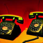 Vintage rotary phones with neon green light on red background