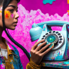 Colorful Makeup Woman with Blue Telephone Against Graffiti Backdrop