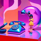 Digital Art: Stylized Female Figure with Headphones and Retro Telephone in Neon Environment