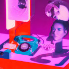 Surreal composition featuring mannequin head, geometric shapes, rotary phone under pink and red lighting