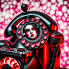 Vintage rotary phone with woman's face on pink background