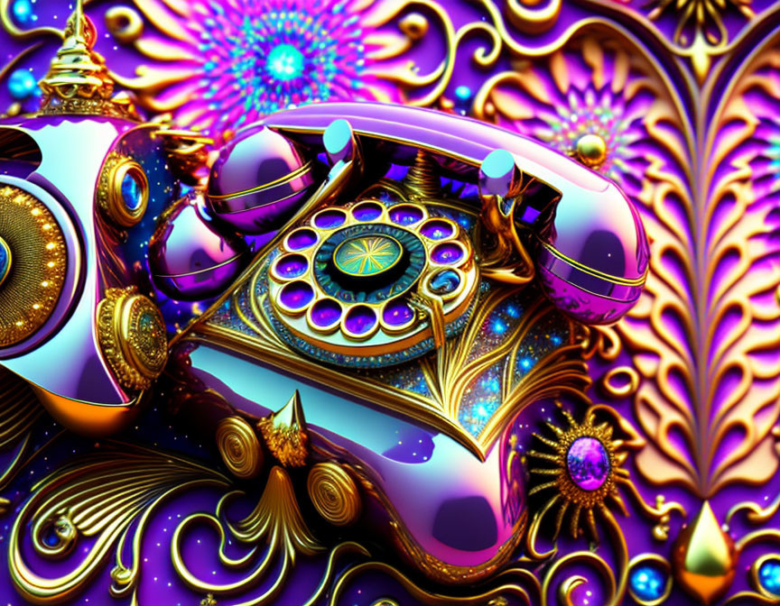 Vintage Rotary Phone with Metallic Gold, Purple, and Blue Designs