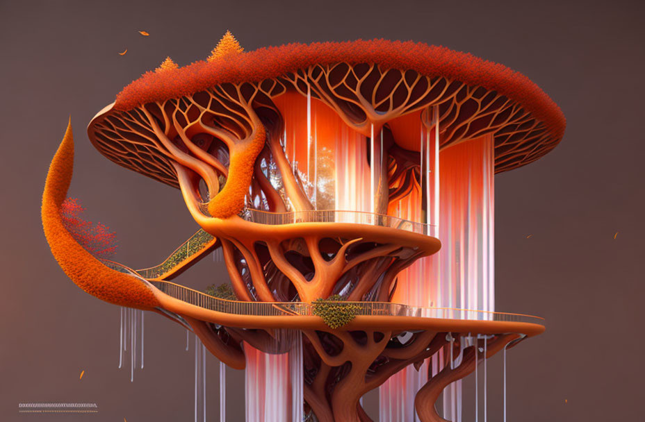 Fantastical tree with mushroom-like canopies and spiral staircase in warm glowing setting