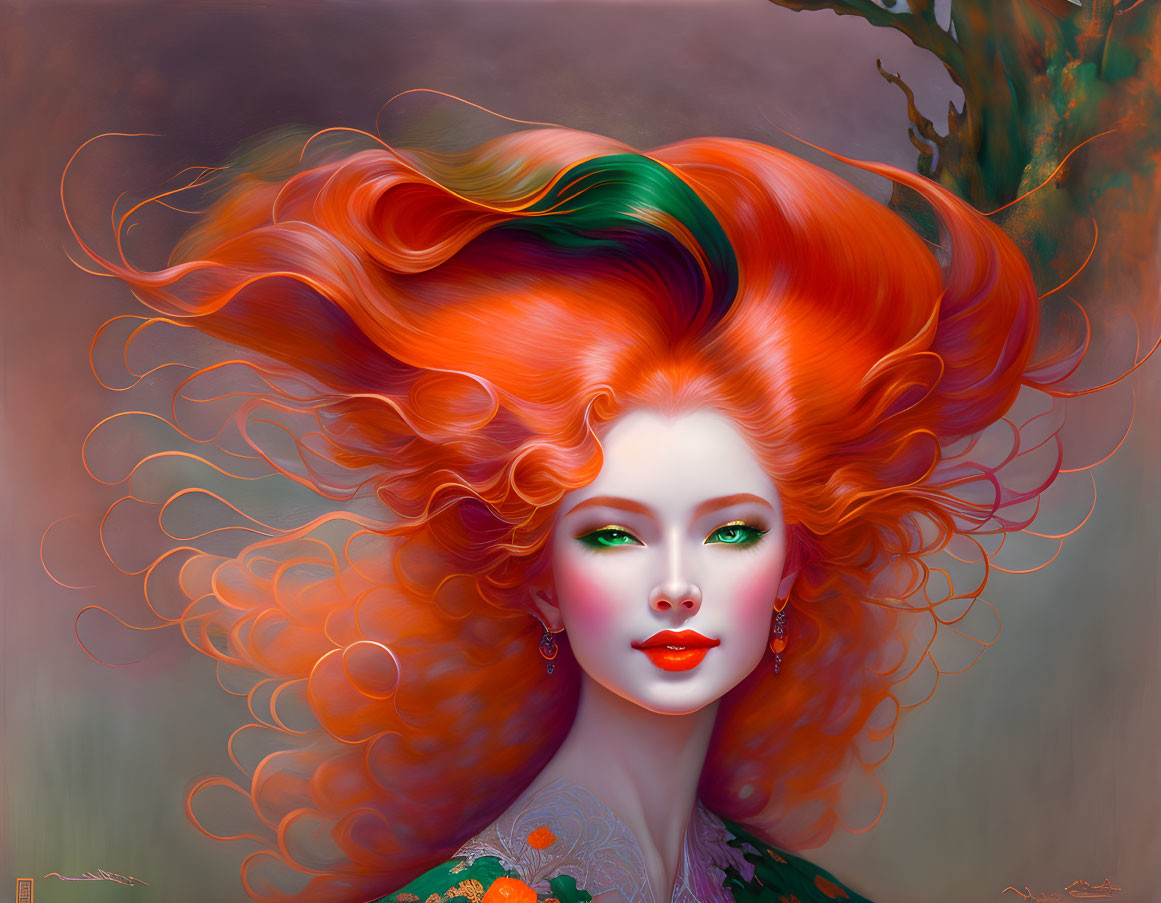 Vibrant illustration: woman with red hair and green eyes on red background with tree silhouette