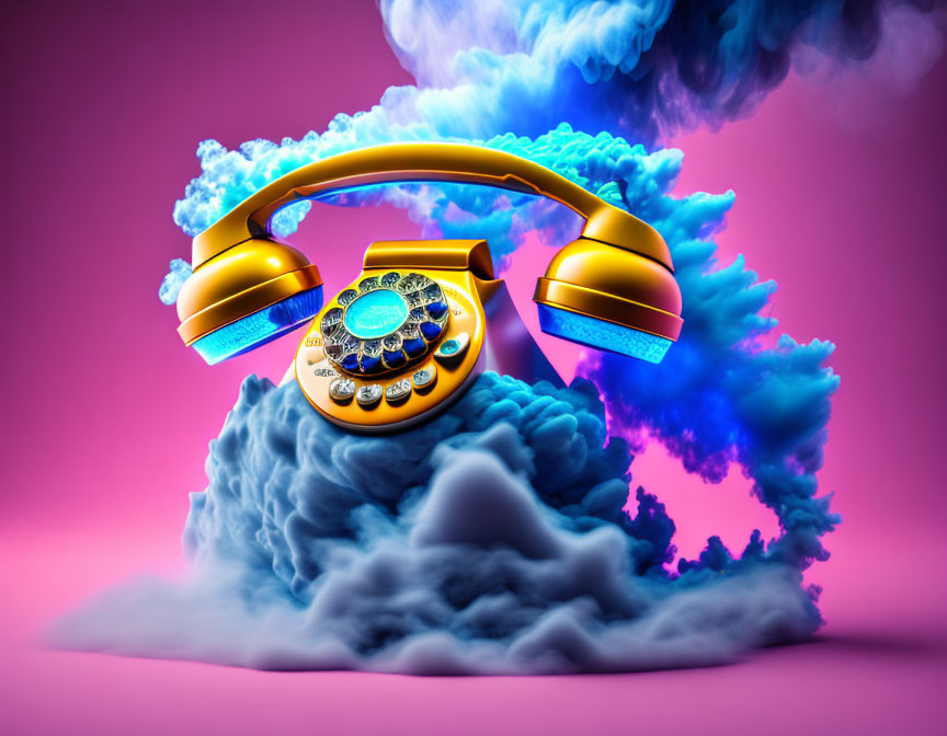 Vintage yellow rotary telephone floating above blue clouds with pink backdrop and colorful smoke.