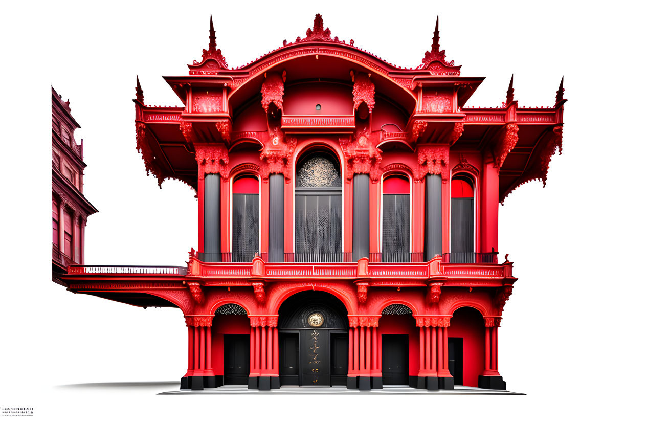 Vibrant red Victorian-style house with ornate decorations and black door.