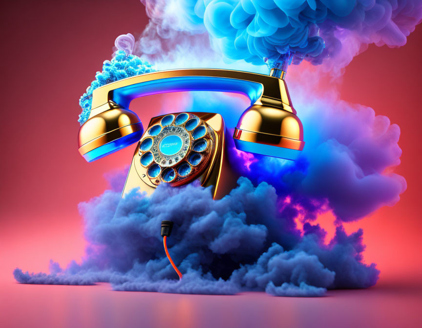 Vintage Golden Telephone with Blue Cloud on Vibrant Pink and Blue Background