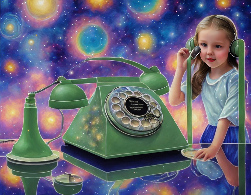 Young girl with stethoscope examines vintage green rotary phone against cosmic backdrop