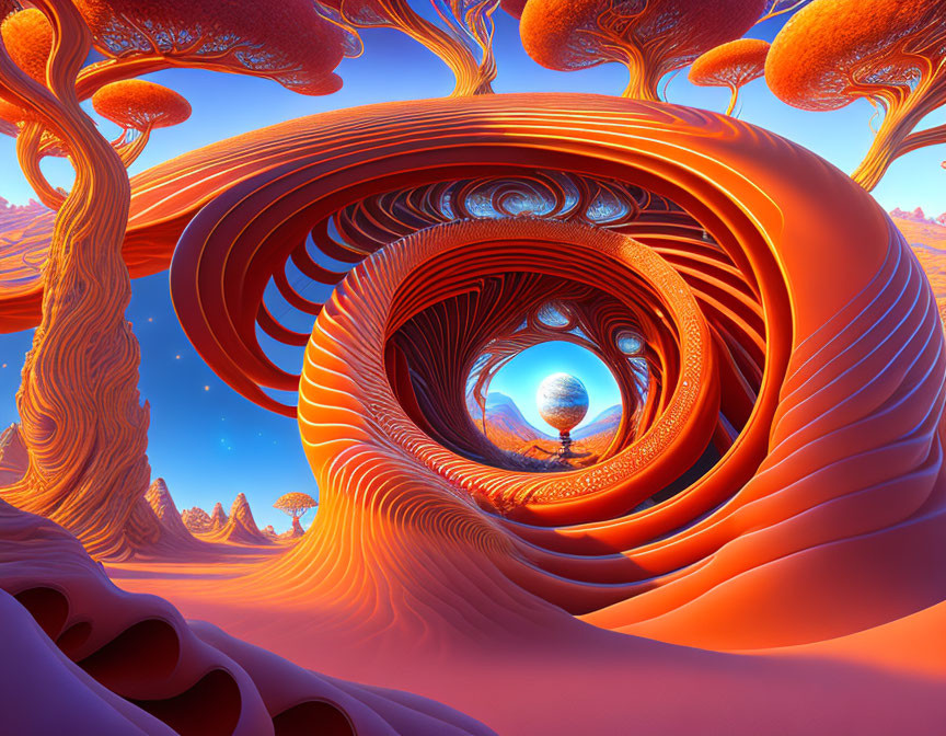 Surreal landscape with swirling orange-red structures and reflective sphere under alien sky