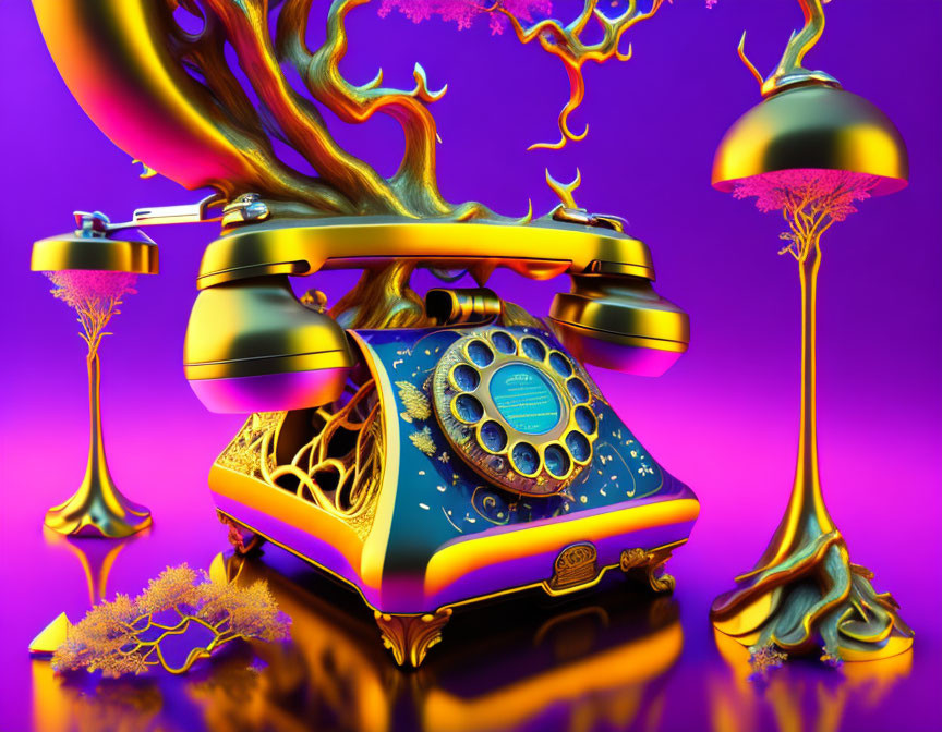 Colorful Surreal Artwork: Melting Rotary Phone & Floating Coral-like Structures