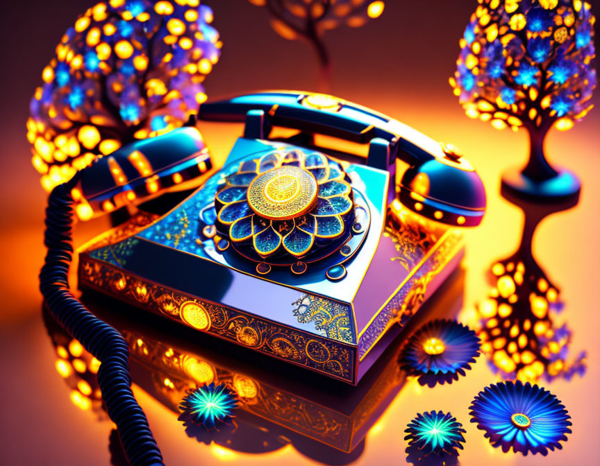 Ornate Vintage-Style Telephone with Glowing Neon Trees