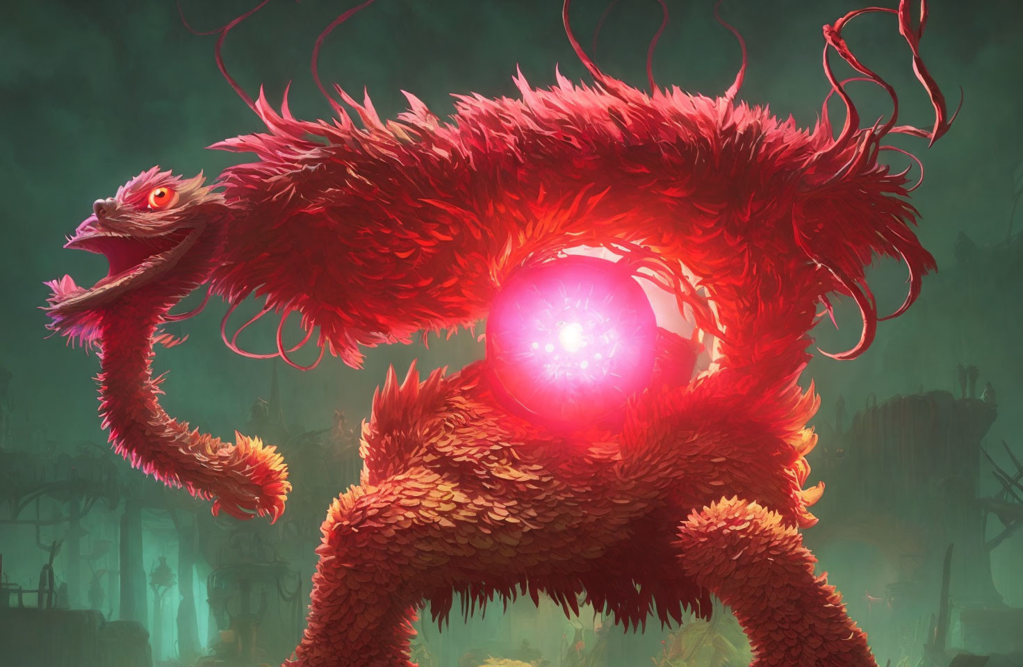 Crimson fantastical creature with glowing orb in mystical forest