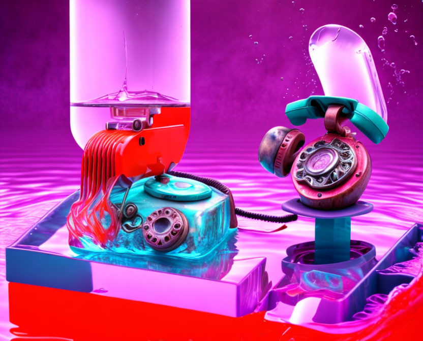 Colorful 3D illustration: Retro turquoise phone and pink hairdryer in water