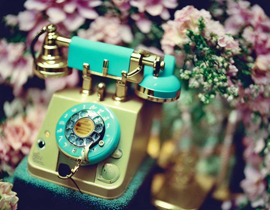 Vintage Turquoise Rotary Dial Telephone on Table with Pink Flowers