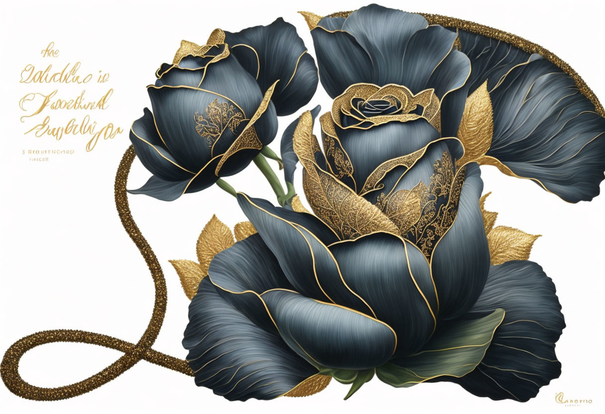 Dark Blue Roses with Gold Detailing and Ornate Calligraphy on Cream Background