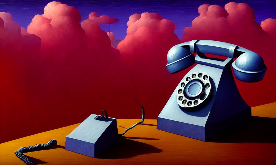 Stylized painting of vintage rotary phone on red clouds background