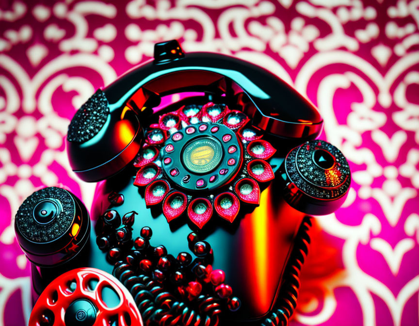 Vintage Rotary Phone with Jewel Detailing on Pink Background