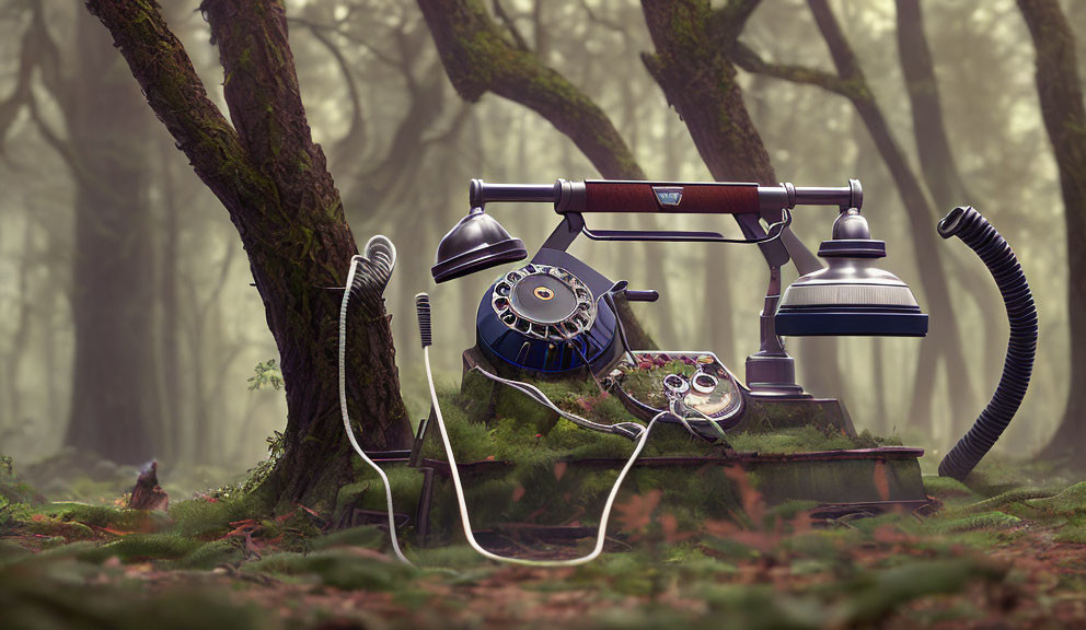 Vintage Rotary Telephone Disassembled in Misty Forest