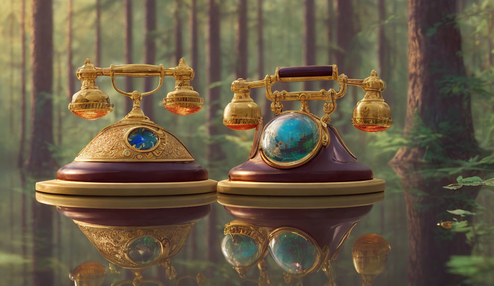 Vintage ornate telephone with golden accents and gemstones in misty forest setting