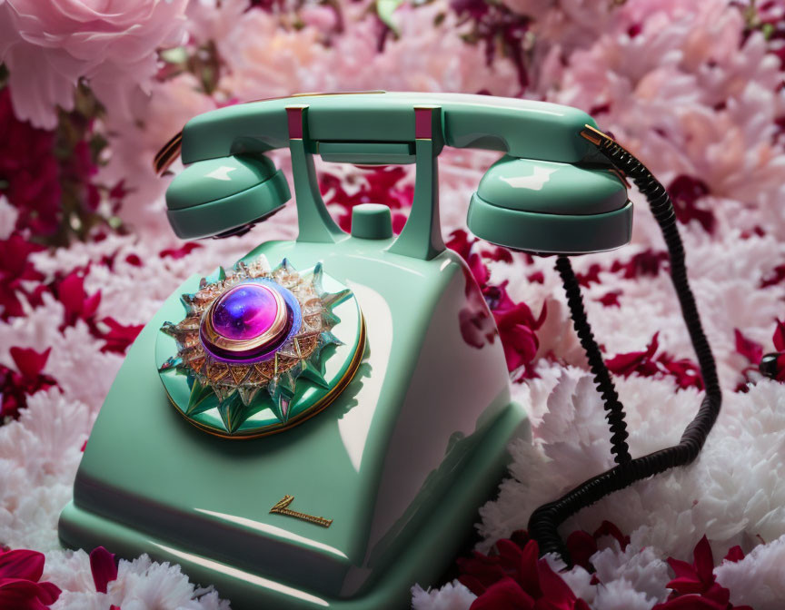 Vintage Mint Green Rotary Phone with Pink and White Flowers and Colorful Brooch