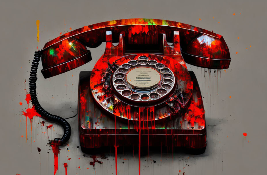 Vintage Red Rotary Telephone with Dripping Paint on Glossy Surface