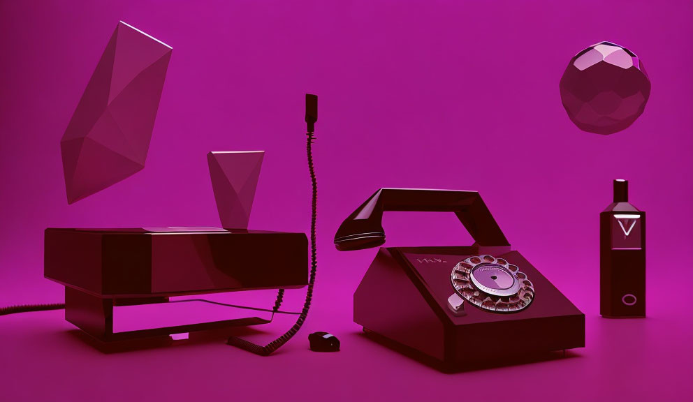 Surreal pink-hued still life with rotary phone, geometric shapes, vaping device, and cup