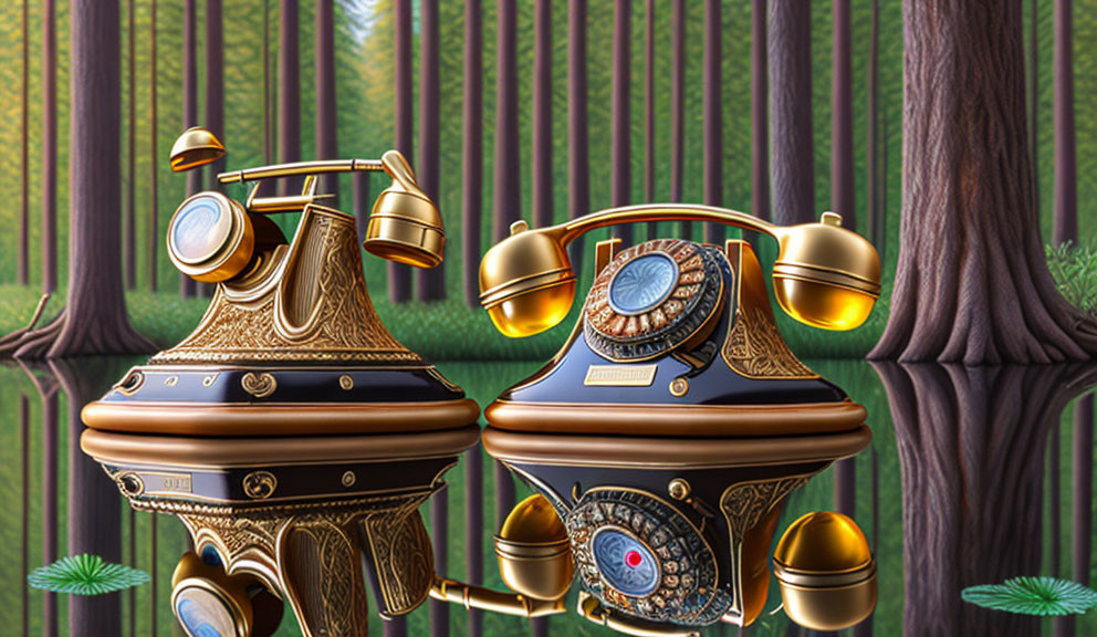 Whimsical anthropomorphic vintage phones in forest setting