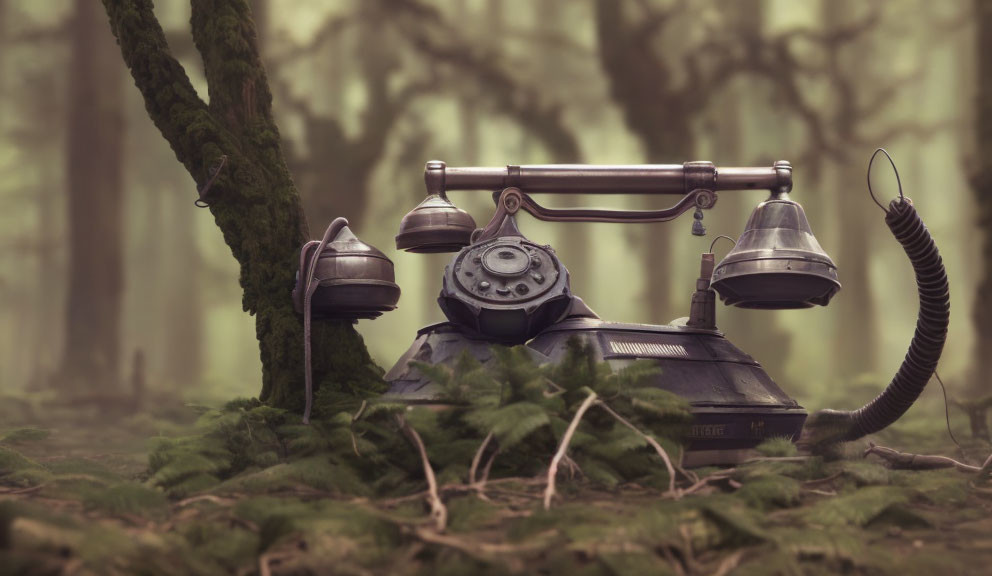 Vintage rotary dial telephone on forest floor with misty backdrop.