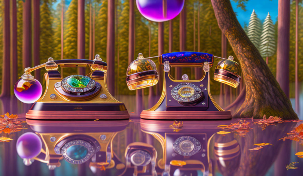 Vintage telephones with ornate designs in mystical forest with purple orbs.