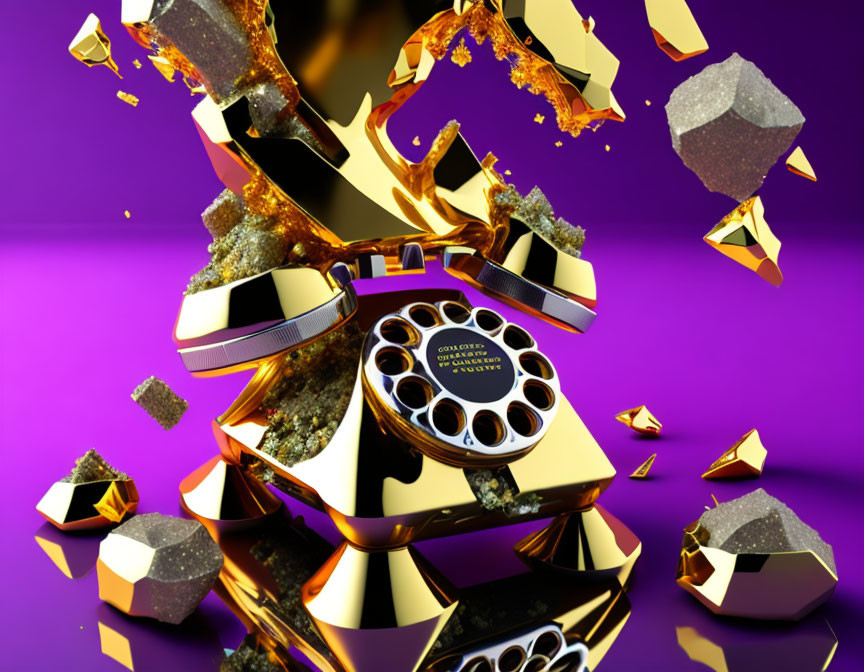 Golden revolver breaking into pieces on purple background with floating fragments