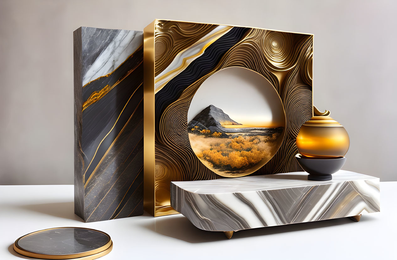 Luxurious Home Decor Setup with Marble and Gold Accent Patterns