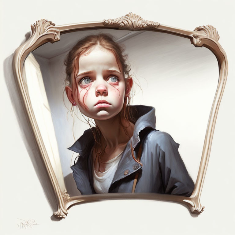 Young girl gazes through ornate frame cutout against beige background