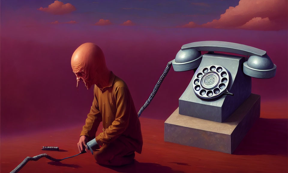 Surreal image: person with bulbous head near vintage telephone