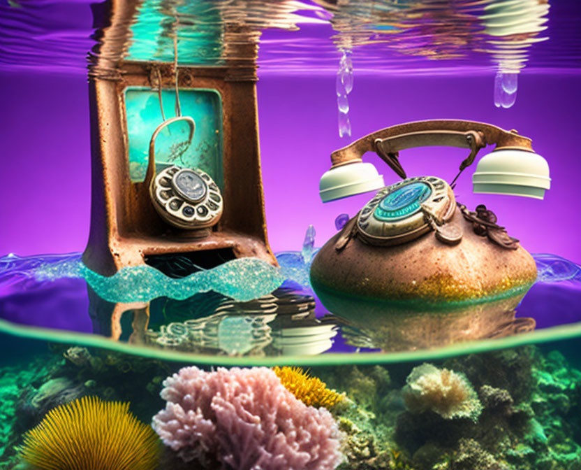 Vintage telephones submerged in water with coral and sea urchins on purple background