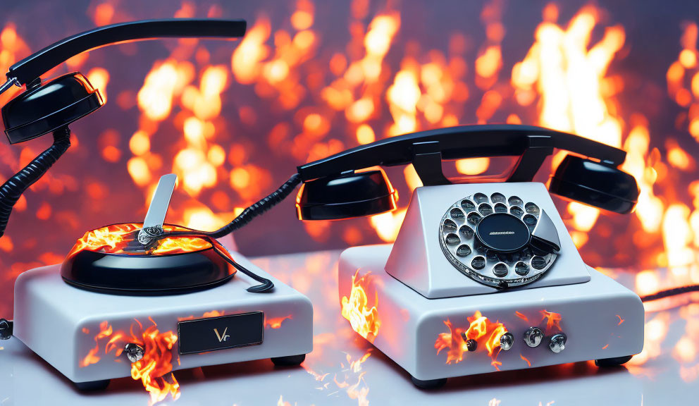 Vintage rotary phone and answering machine engulfed in flames