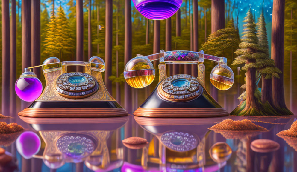 Vintage Telephones in Mystical Forest with Colorful Orbs and Purple Sky